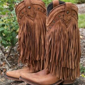 Fringed Brown Leather Cowboy Boots